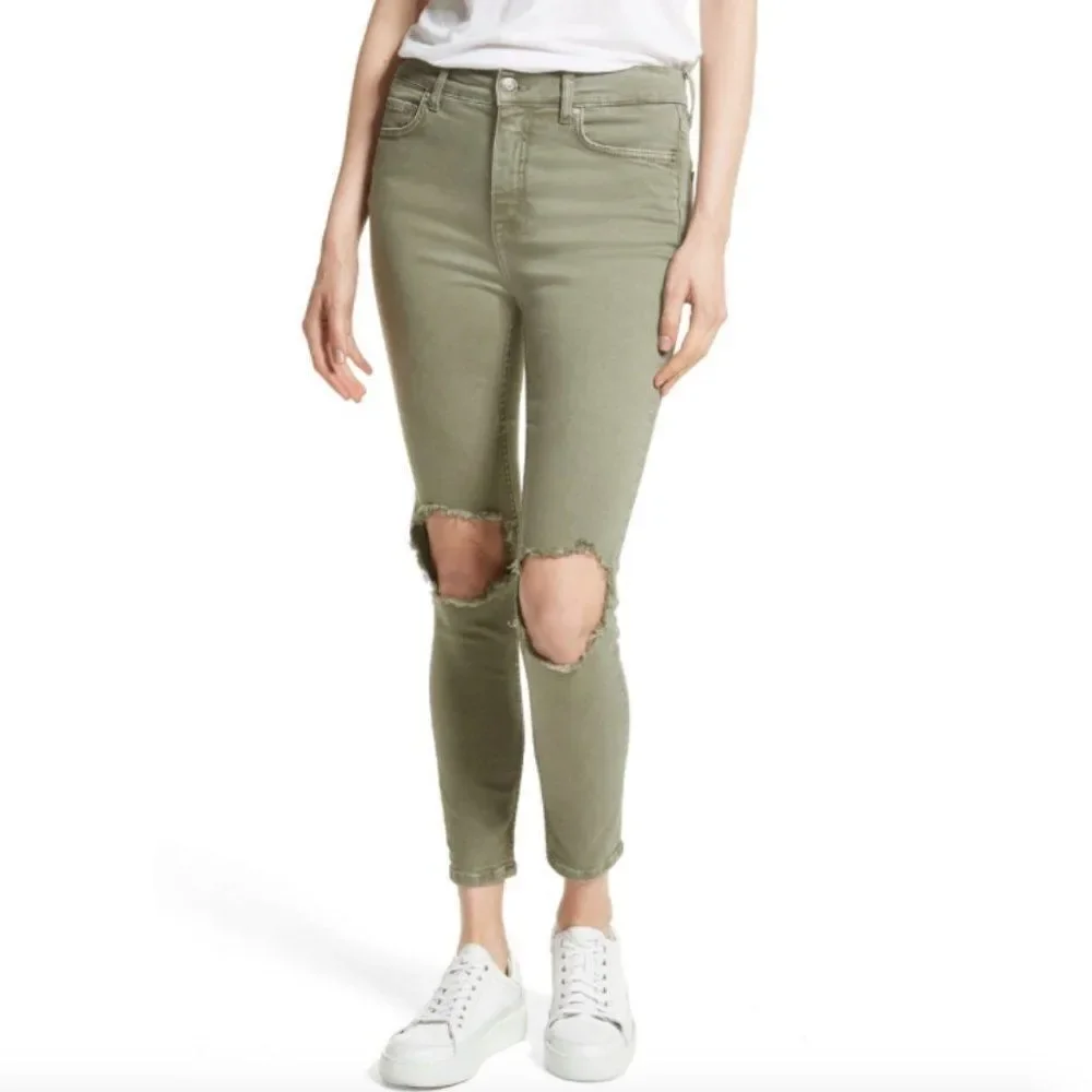 Free People Moss Green High-Rise Busted Knee Skinny Jeans 26